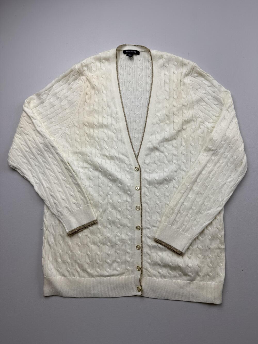 Lands' End Sweater Cardigan Womens 1X White V Neck Cable Button Front Knit